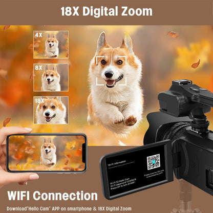6K 64MP Video Camera Camcorder with IR Night Vision, DINGETU 18X Zoom Vlogging Camera, 4.0" Touch Screen