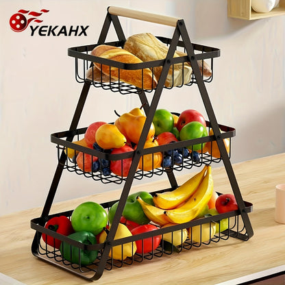 Freestanding Tiered Metal Wire Storage Basket with Wood-Tone Top Handle in Two- or Three-Tier Options