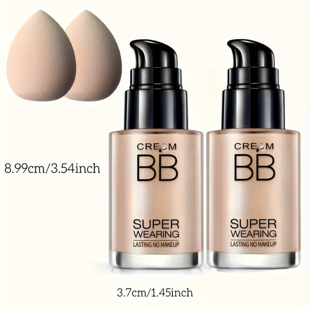 BB Cream Liquid Foundation Set 2-Piece with Makeup Sponge, for Makeup, Travel and Everyday Vanity Use