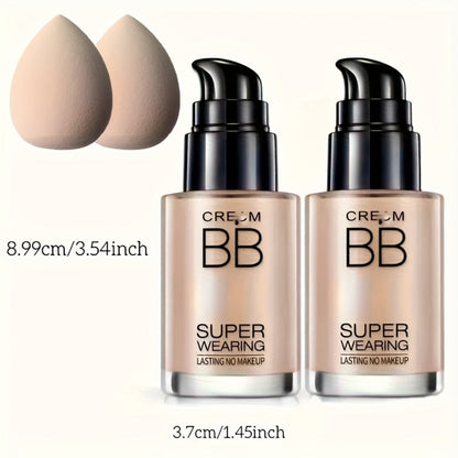 BB Cream Liquid Foundation Set 2-Piece with Makeup Sponge, for Makeup, Travel and Everyday Vanity Use
