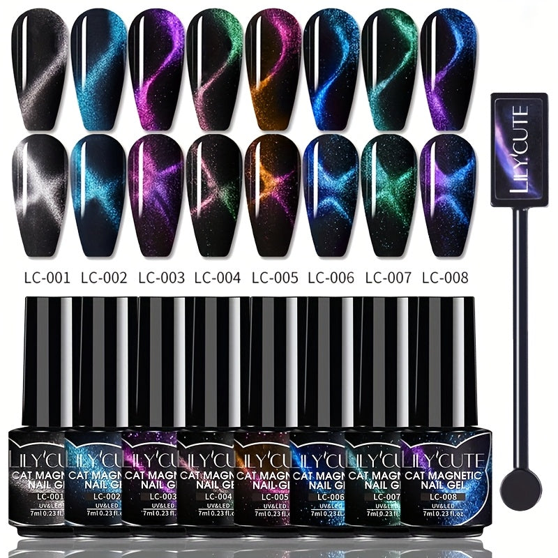 Gel Nail Polish 8-Piece Aurora Magnetic Cat-Eye Set with Black-Crystal Glitter and 3D Light-Shifting Finish for UV/LED Cure