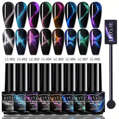 Gel Nail Polish 8-Piece Aurora Magnetic Cat-Eye Set with Black-Crystal Glitter and 3D Light-Shifting Finish for UV/LED Cure