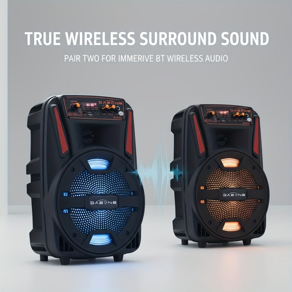 8-Inch Bluetooth Party Speaker with LED Lights & Wired Microphone, TWS Stereo Bass Boost, FM Radio