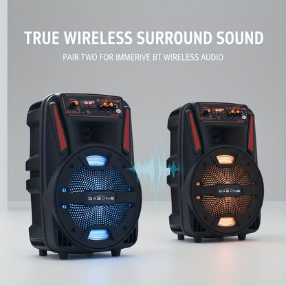 8-Inch Bluetooth Party Speaker with LED Lights & Wired Microphone, TWS Stereo Bass Boost, FM Radio