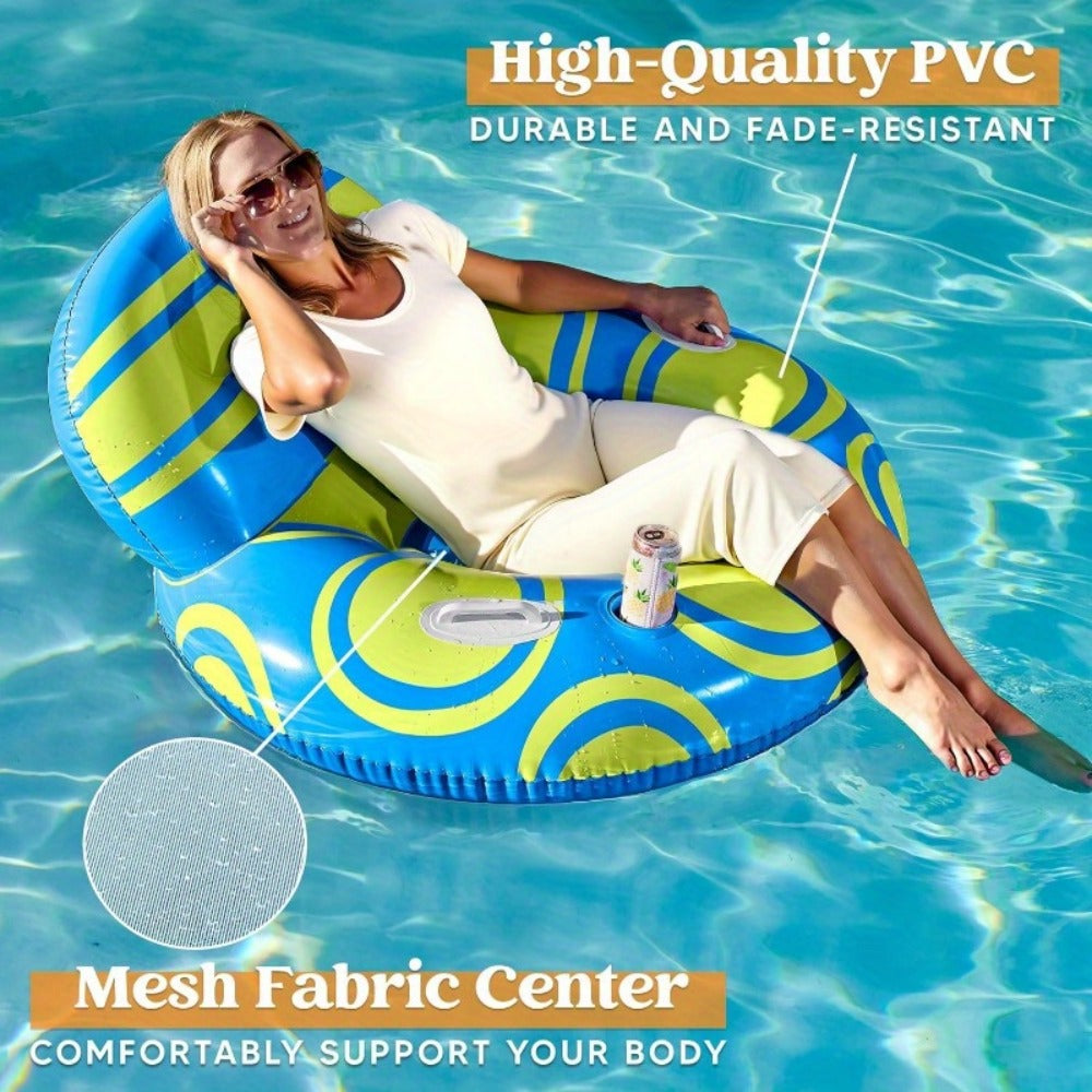 Inflatable Pool Float Sofa Chair with Raised Backrest, Mesh Seat, Dual Handles and Cup Holder