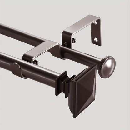Double Curtain Rod Set with Square Urn Finials, Dual Brackets and Five Finish Options for Layered Panels