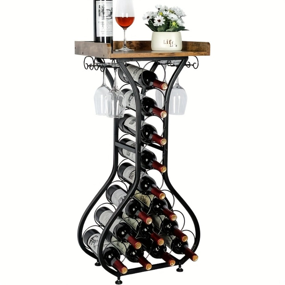 Freestanding Wine Rack Floor 14 Bottles Mini Bar Table Stand Liquor Cabinet with Glass for Home Cooking, Dining and Outdoor Meals