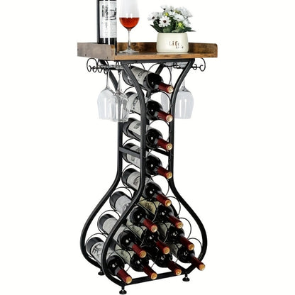 Freestanding Wine Rack Floor 14 Bottles Mini Bar Table Stand Liquor Cabinet with Glass for Home Cooking, Dining and Outdoor Meals