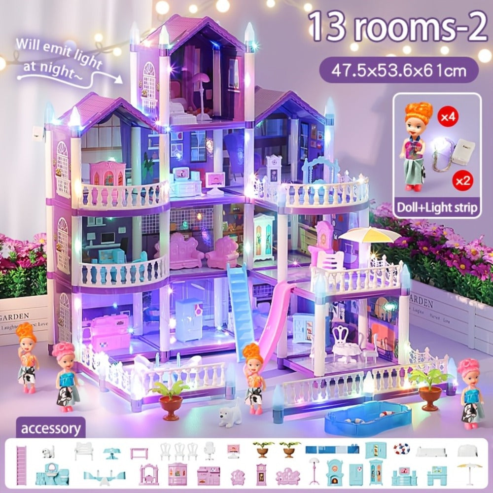 LED Dollhouse Playset for Girls, Purple Multi-Room Playhouse with Doll Figures, Puppies, Furniture & LED Lighting