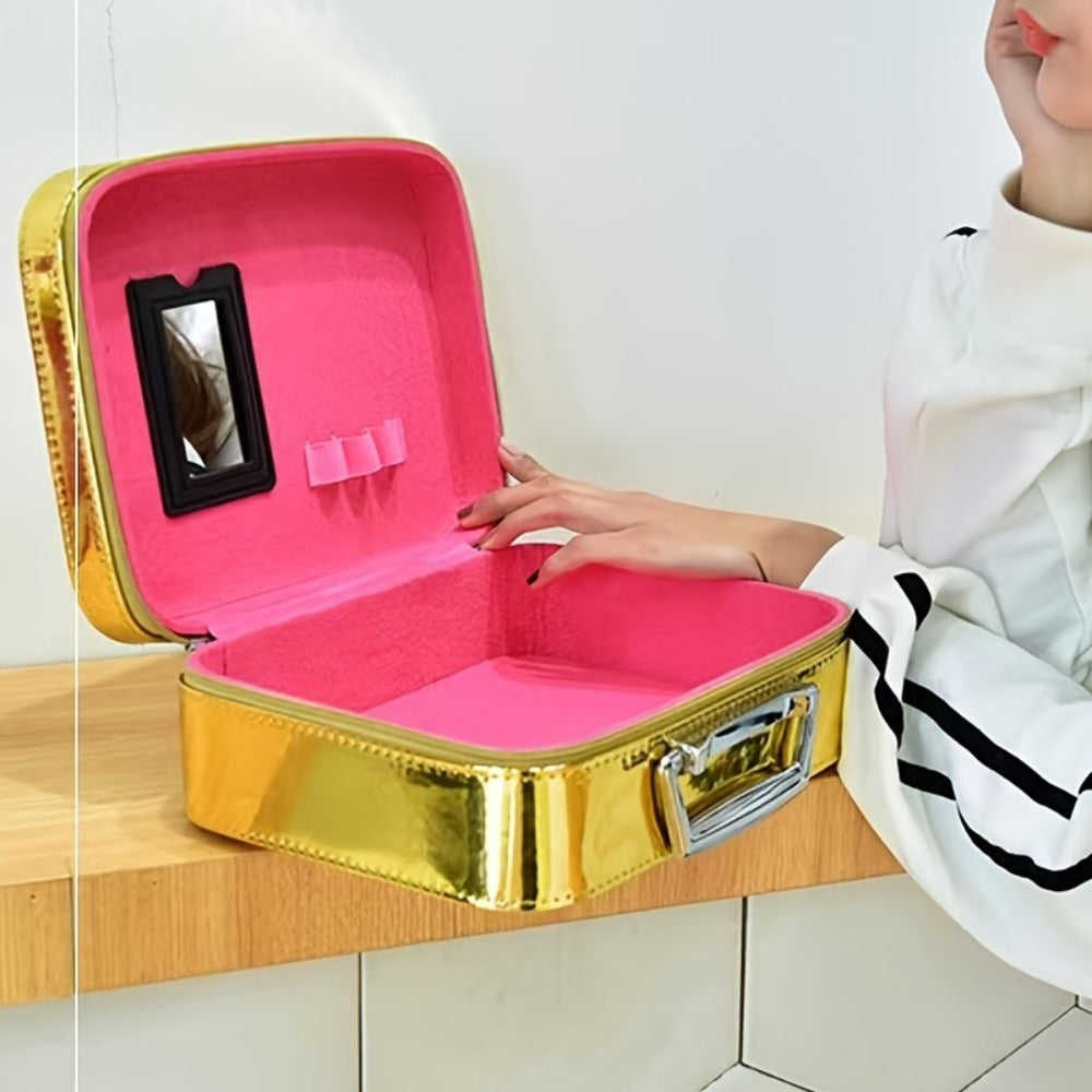 Glitter Makeup Travel Case Hard Shell Large Capacity Flat Lay Organizer Luxury Cosmetic Storage Box for Women Portable Fits in Suitcase Gold