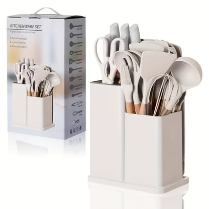 19-Piece Non-Stick Silicone Cookware Set with Bamboo Storage, Knives & Wooden Handle, Pots, Pans & Utensils for Induction & Oven