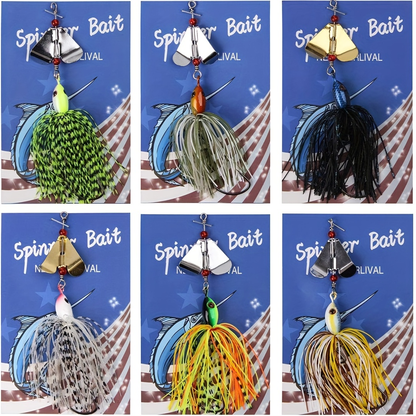 Fishing Lure Set 6-Piece Spinnerbait Buzzbaits, 3/4oz with Rotating Blades, Silicone Skirts and Single Worm Hooks
