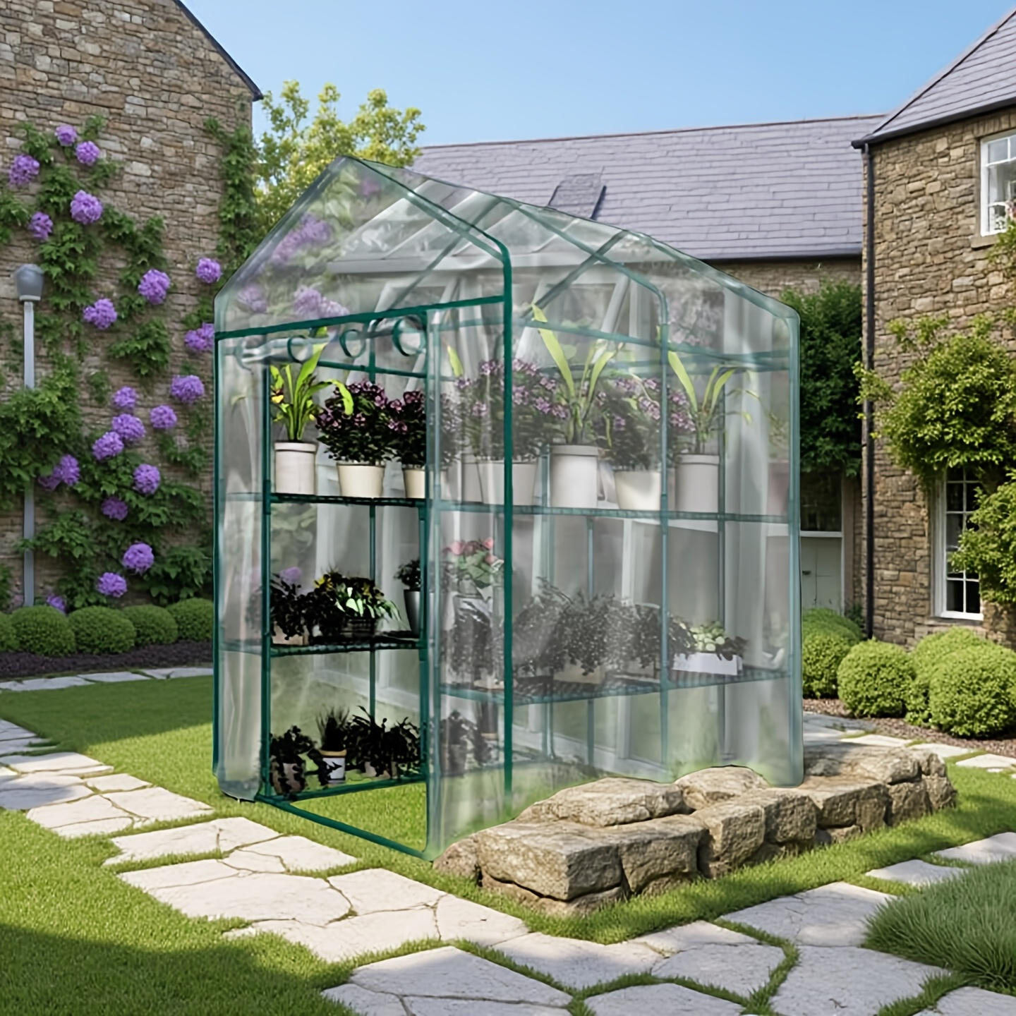 Walk-In Greenhouse Outdoor with Screen Windows, PE Cover, Portable Plant Shelter with Shelving Clips