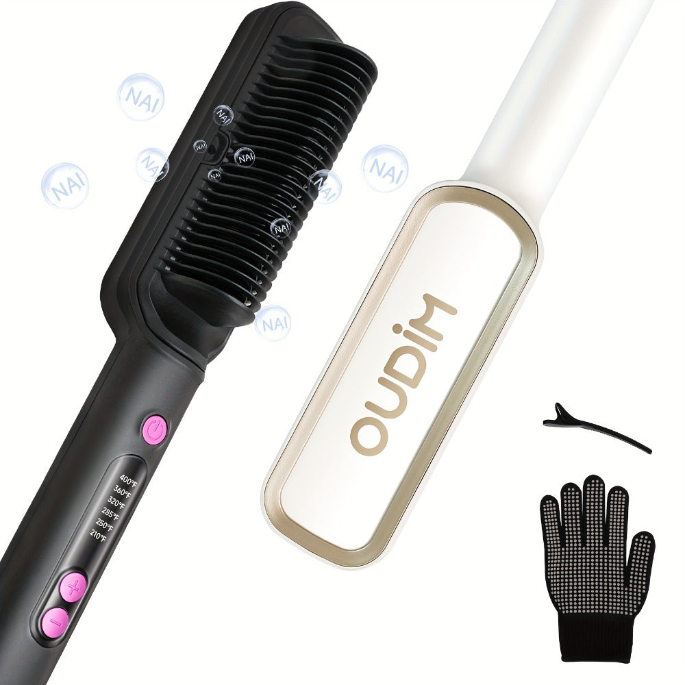 OD-6801 Black or OD-6806 Rose-Gold Heated Straightening Brush with Display, Glove and Three-Button Controls