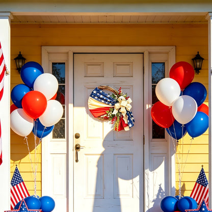 Patriotic 4th of July Door Wreath – Red White & Blue American Flag Wreath with Burlap Bow for Independence Day