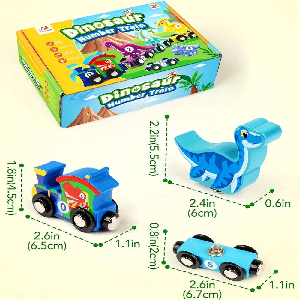 Magnetic Dinosaur Number Train Set for Kids Ages 3-5, 11PCS Wooden Magnetic Train Toy with Engine & Numbered Cars