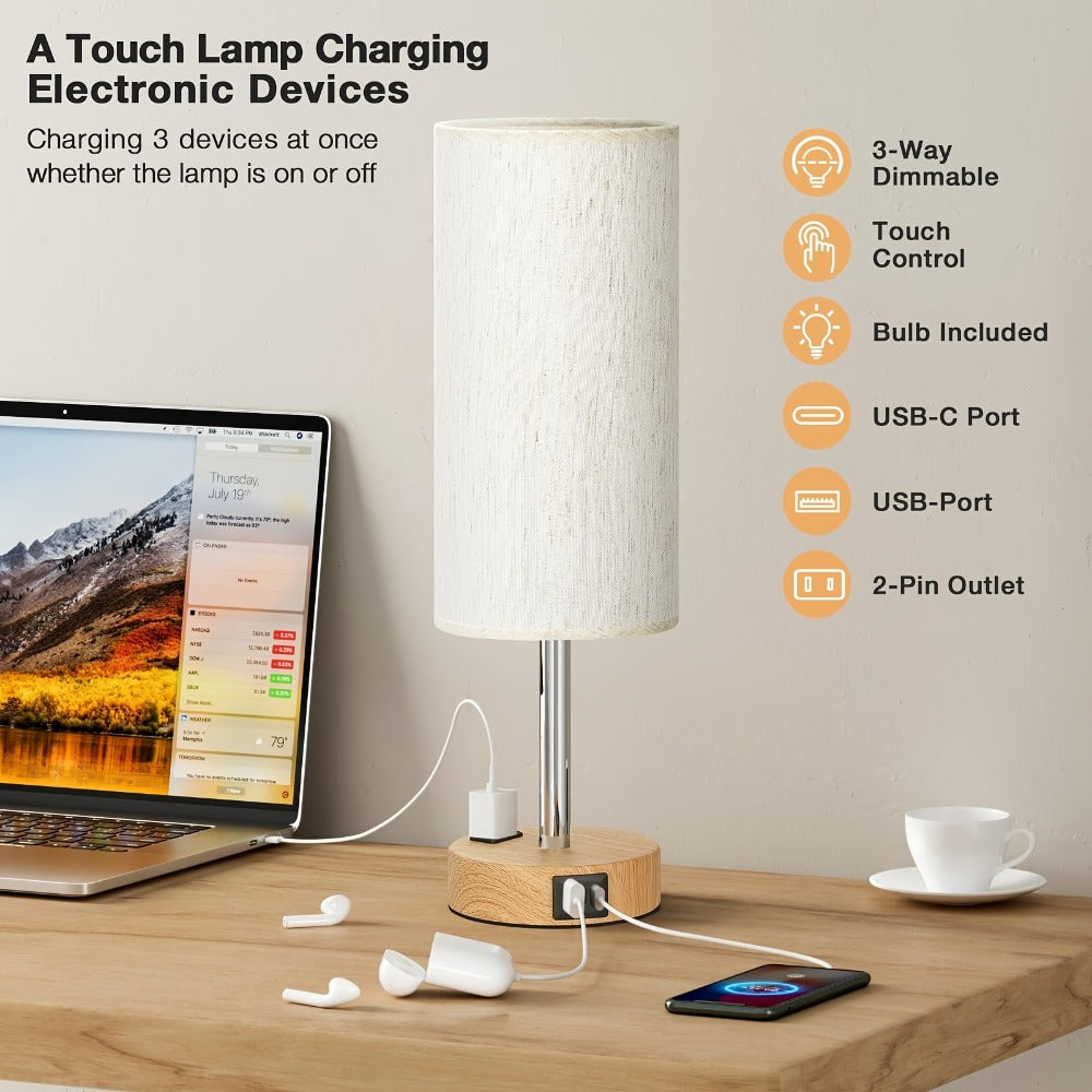 Table Lamp HOODINK with Cylindrical Shade, 3-Way Touch Dimming, USB-A, USB-C, AC Outlet and One or Two-Pack Options