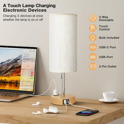 Table Lamp HOODINK with Cylindrical Shade, 3-Way Touch Dimming, USB-A, USB-C, AC Outlet and One or Two-Pack Options