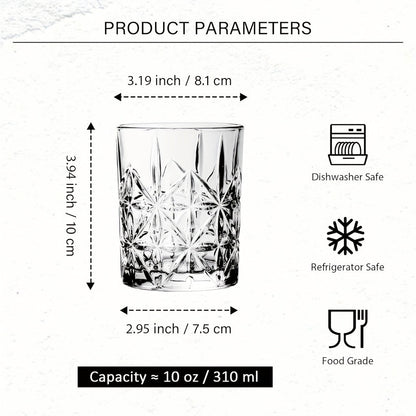 Whiskey Glasses Set of 6 - FBL&HM Crystal Old Fashioned Cocktail Glasses, 10oz Oval Stripe Bar Tumbler for Bourbon