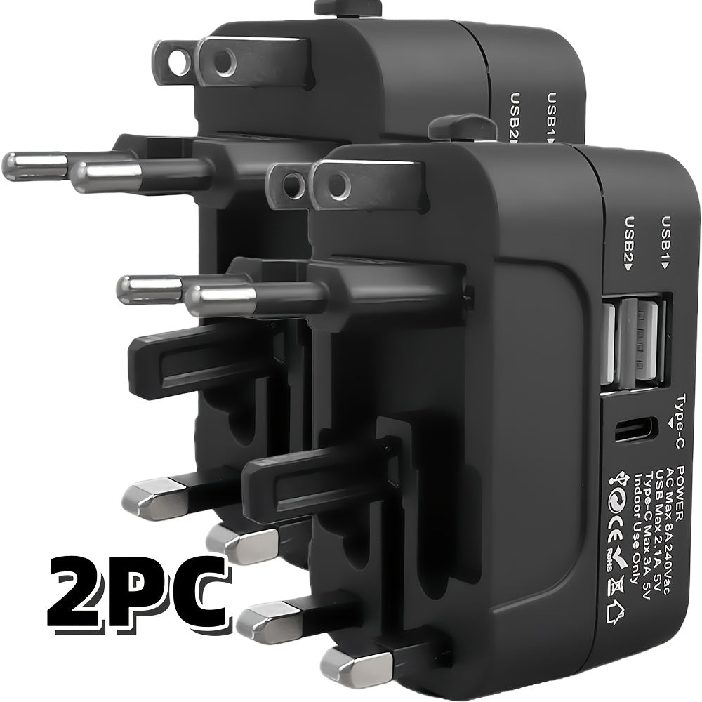 Universal Travel Adapter with Surge Protection - 2 USB & Type-C Ports, All-in-One International Plug for 350+ Countries