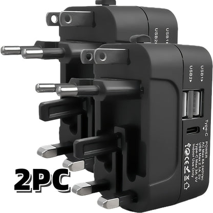 Universal Travel Adapter with Surge Protection - 2 USB & Type-C Ports, All-in-One International Plug for 350+ Countries