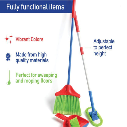 Kids Cleaning Set 4 Piece Toy Broom Mop Brush Dustpan, Pretend Play Housekeeping Kit for Toddlers Boys Girls