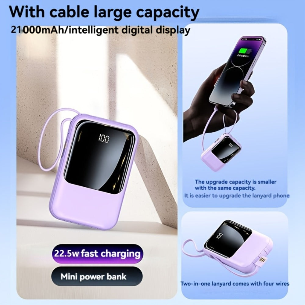 Power Bank 21000mAh Mini with 5W or 22.5W Power Options, Built-In Cable Set and LED Display