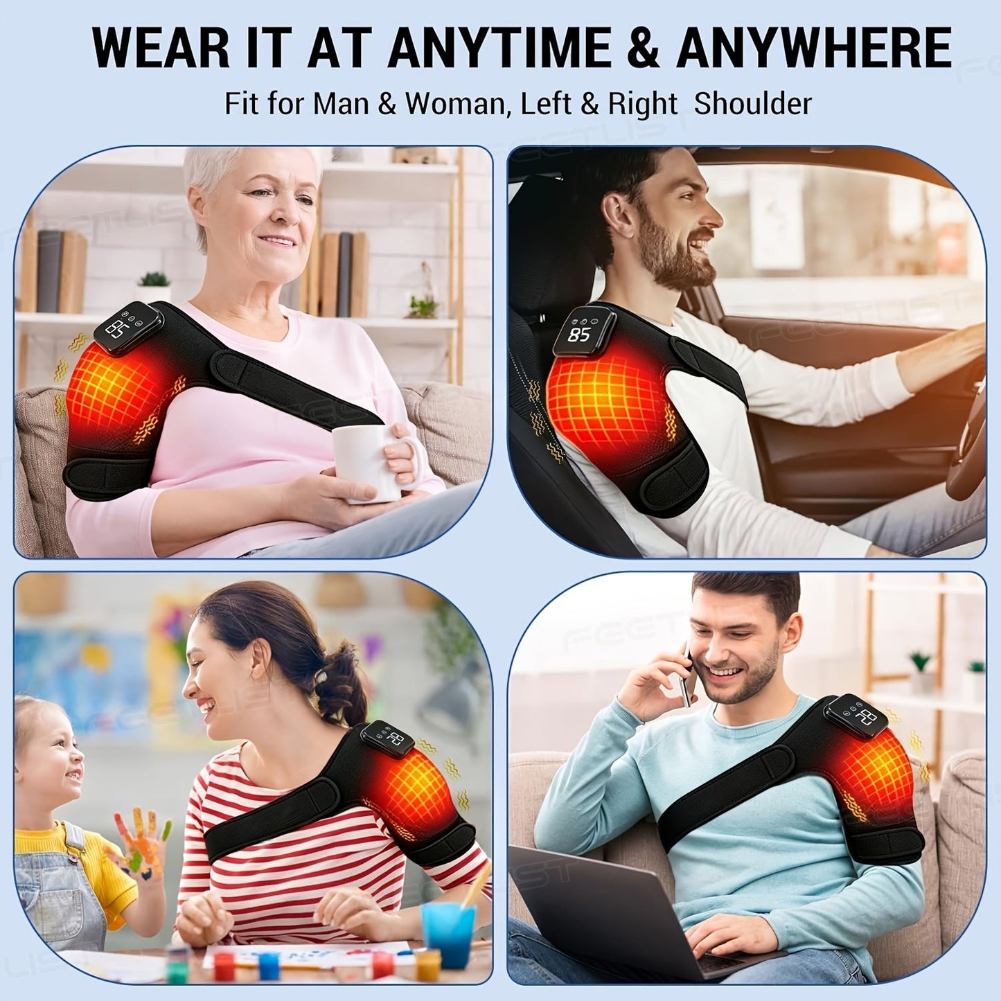 Cordless Heated Shoulder Massager with Vibration – 3 Heat Levels & 3 Vibration Intensities Electric Heating Pad for Shoulder