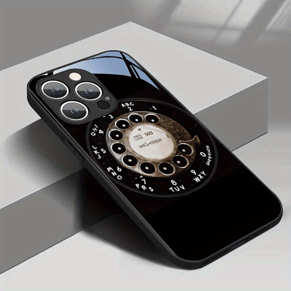Phone Case Vintage Rotary Dial Tempered Glass Back with TPU Bumper for iPhone 17 Air in Slim Black Style