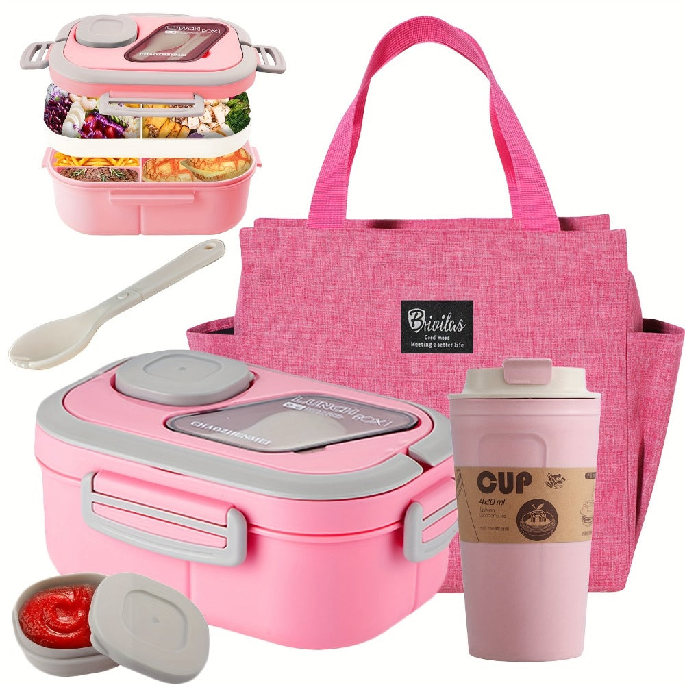 2-Layer Bento Lunch Box Set with Cup and Meal Bag - Multi-Grid Lunch Box for School, Office & Outdoor Picnics