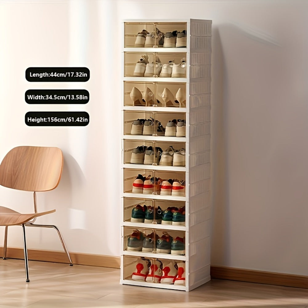 Shoe Rack Organizer 9-Tier, Collapsible Clear Plastic Foldable Stackable Shoe Cabinet with Shelves & Doors