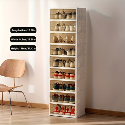 Shoe Rack Organizer 9-Tier, Collapsible Clear Plastic Foldable Stackable Shoe Cabinet with Shelves & Doors