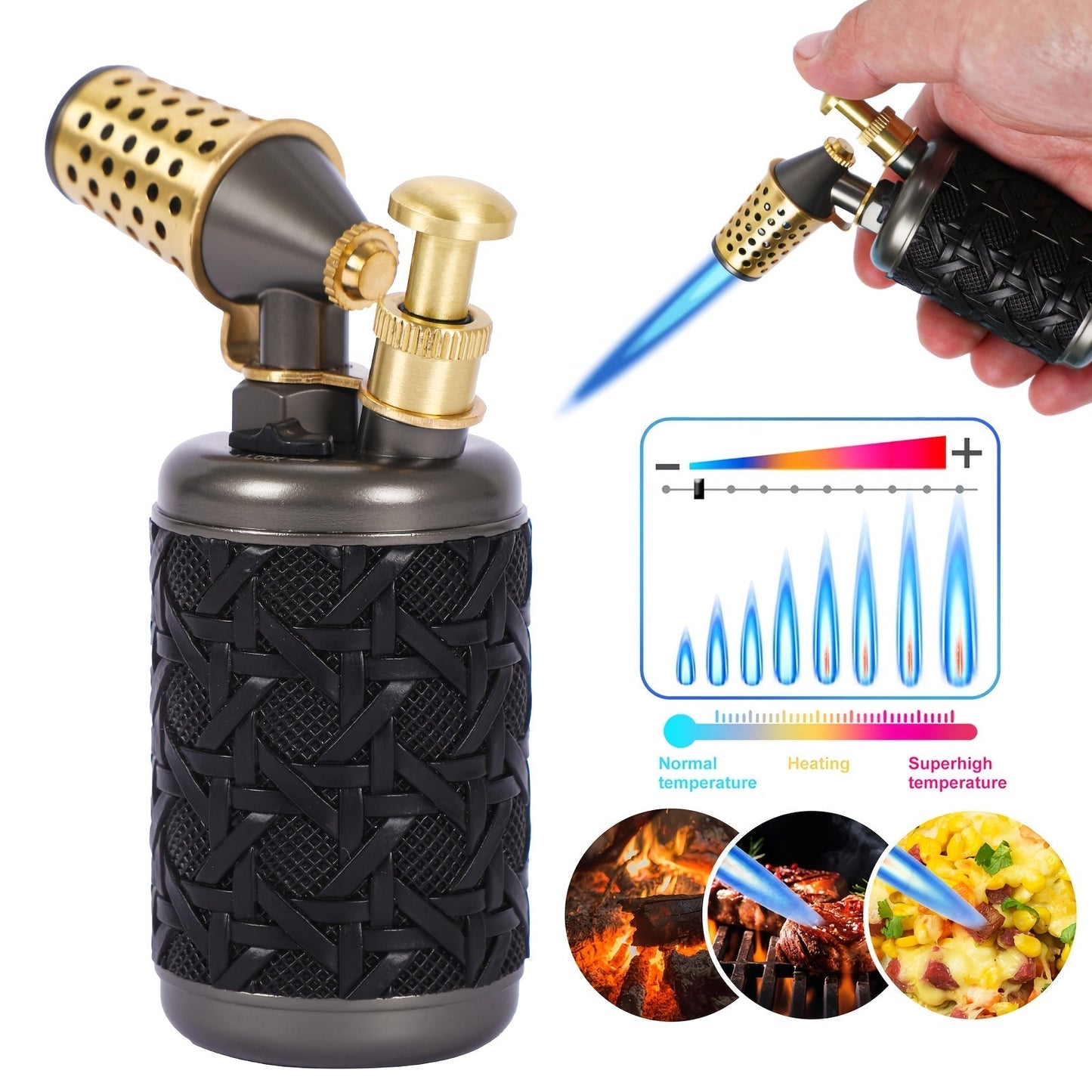 Butane Torch Kitchen Culinary Blow Torch Double Flame Adjustable Refillable Safety Lock 2372F for Grilling, Camping and Outdoor Meals