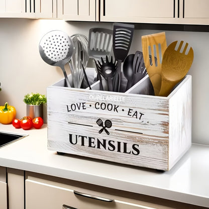 Wooden Cutlery Storage Box with Grid Compartments Chopstick Organizer Rack with Metal for Home Cooking, Dining and Outdoor Meals