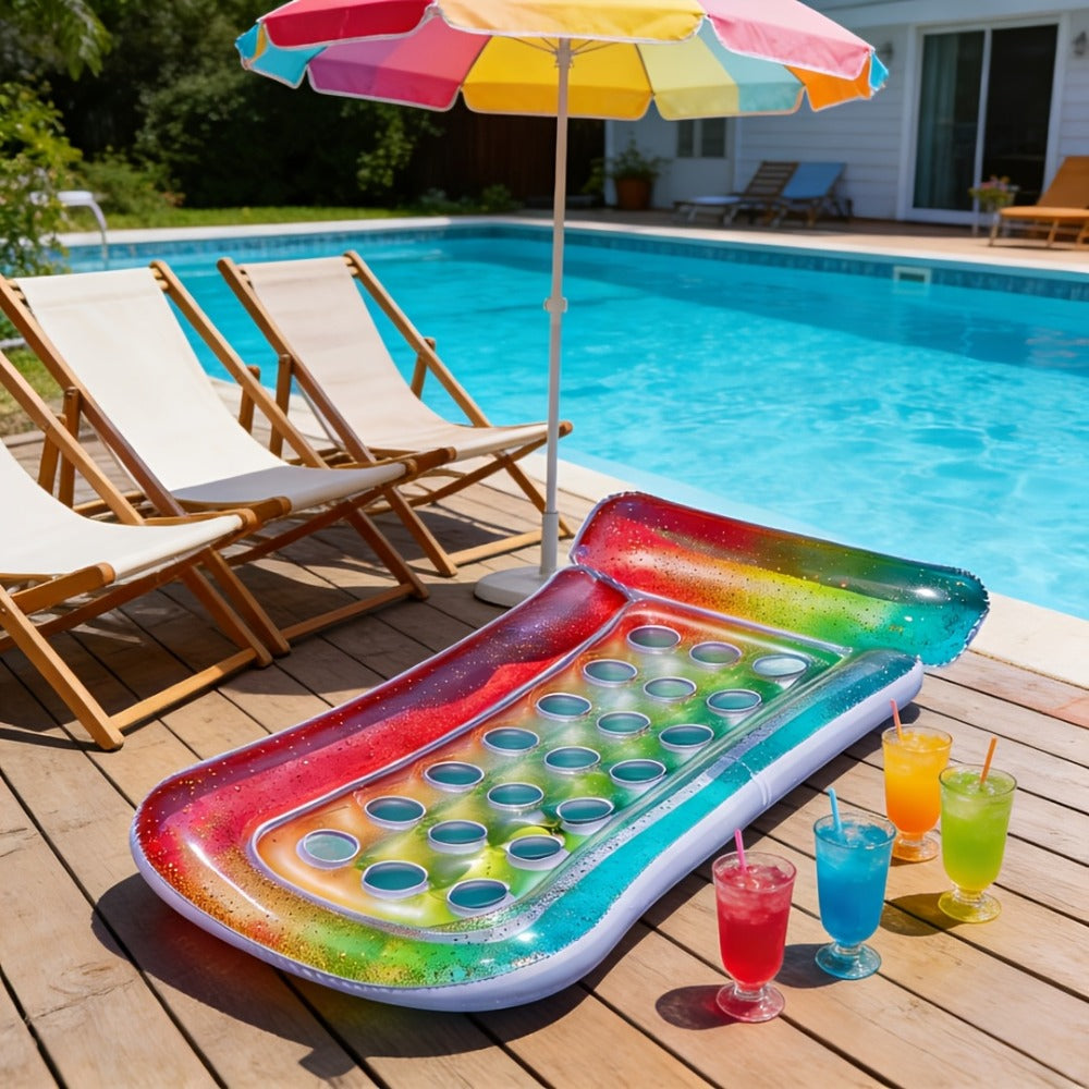 Rectangular Inflatable Pool Bed with Raised Pillow, Round Vent Holes and Rainbow or Mermaid Designs