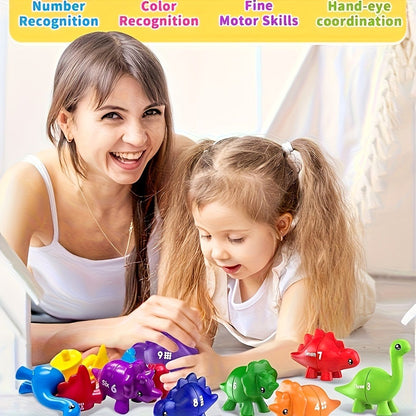 Dinosaur Number Matching Toy for Toddlers, 10 Pairs Retractable Plug-In Counting Sorting Math Game with Storage Bag