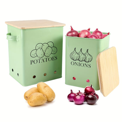 Kitchen Storage Canister Potato Onion Storage Bin Aerating Ventilation Holes Wooden Lid for Home Cooking, Dining and Outdoor Meals