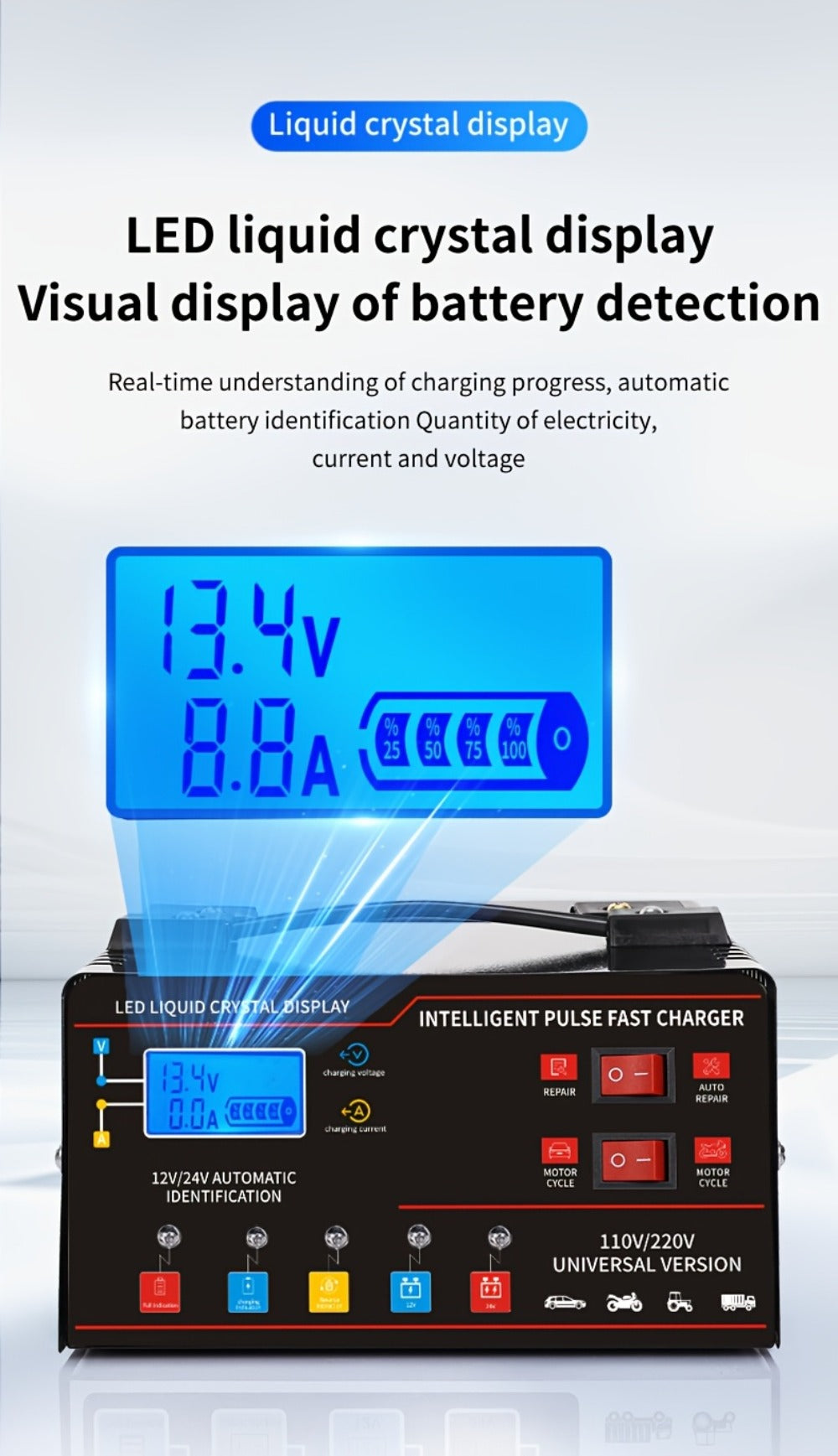 AF01 12 V and 24 V Battery Charger with LCD Display, Alligator Clamps, Carry Handle and Cooling Fan