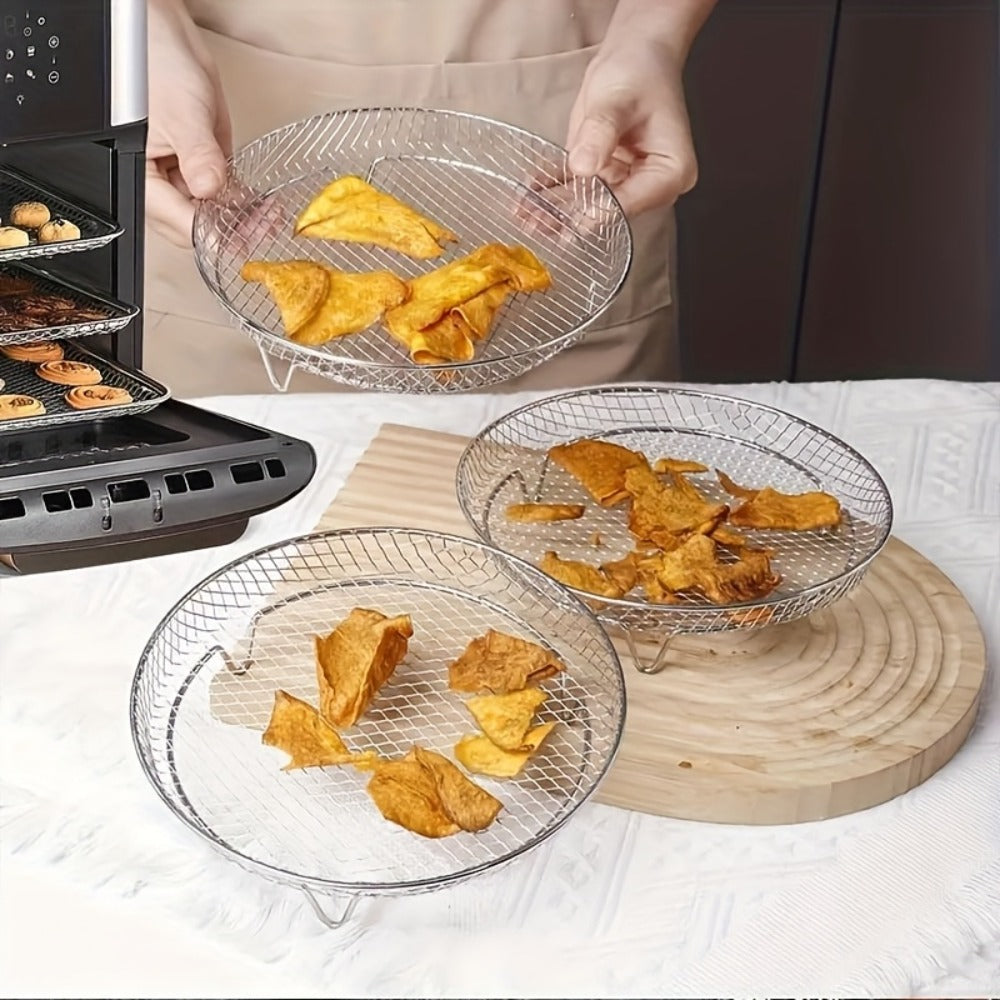 Seven-Piece Round Air Fryer Rack Set with Three Stackable Trays, One Handling Tool and Three Grips