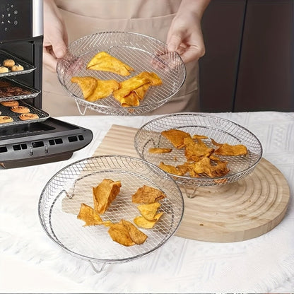 Seven-Piece Round Air Fryer Rack Set with Three Stackable Trays, One Handling Tool and Three Grips