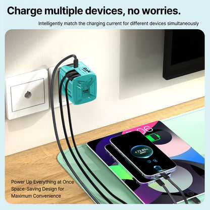 Dual Cable GaN Charger 120W with Built-In 47in Type-C & Lightning Retractable Cables, Foldable Plug – Tangle-Free Fast Charging USB-C Wall