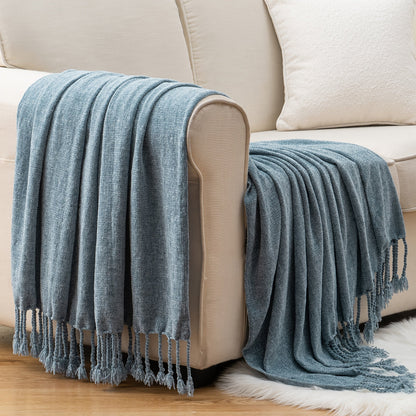 Chenille Fringe Throw Blanket, 180-200gsm Velvety Decorative Throw for Sofa & Couch, Home Decor, 50”×60”