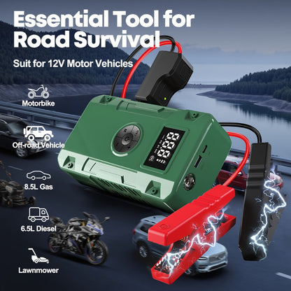 Jump Starter 10000A 7-in-1 with Air Pump – 150PSI Tire Inflator, Portable Battery Booster for Gas & Diesel, USB & USB-C Power Bank