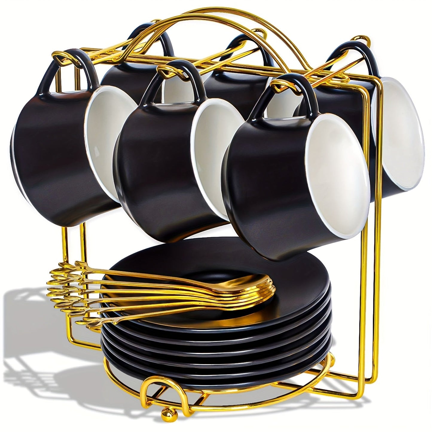 Espresso Cups Set of 6 with Saucers, Spoons & Metal Stands - 4oz Ceramic Cappuccino Coffee Cup Set
