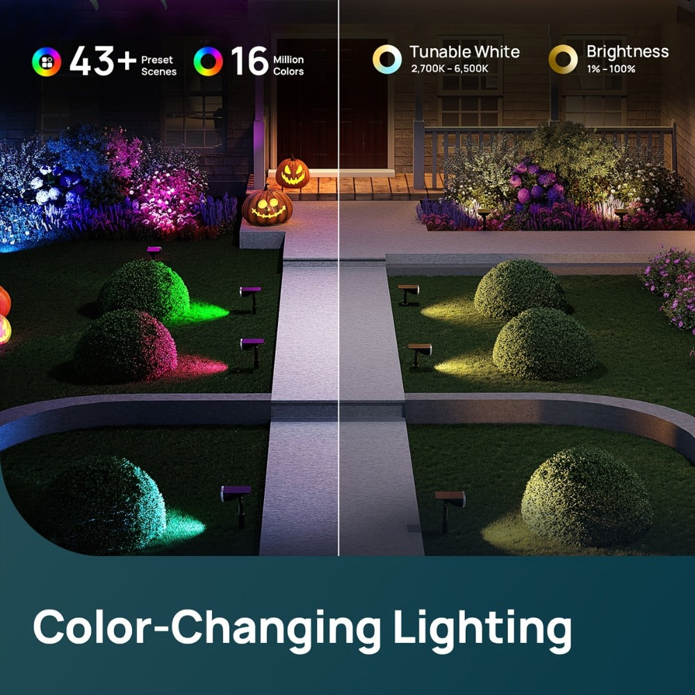 Solar Outdoor Spotlights RGB Smart Color Changing, App & Voice Control, Music Sync, 16M Colors, 14H Battery