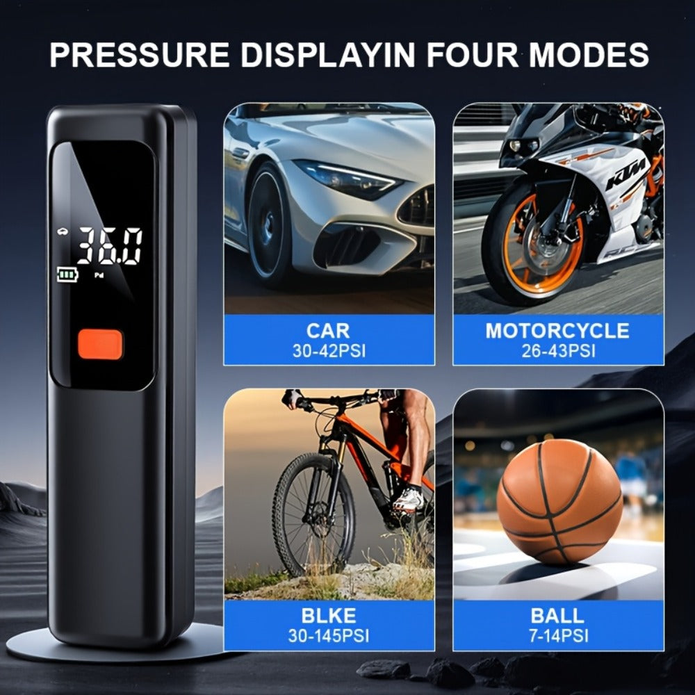 Portable Tire Inflator Wireless Air Compressor with Digital LED Display Auto Pressure Detection USB-C Rechargeable for Car Bicycle