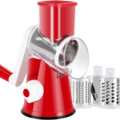 Rotary Cheese Grater, Stainless Steel Hand Crank Shredder with 3 Interchangeable Blades, Suction Base & Cleaning Brush