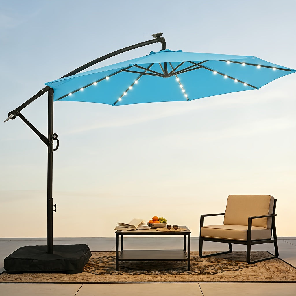 Patio Umbrella 10FT Offset Cantilever Solar LED Style with Tilt, Crank and 16 Base-Choice Color Options