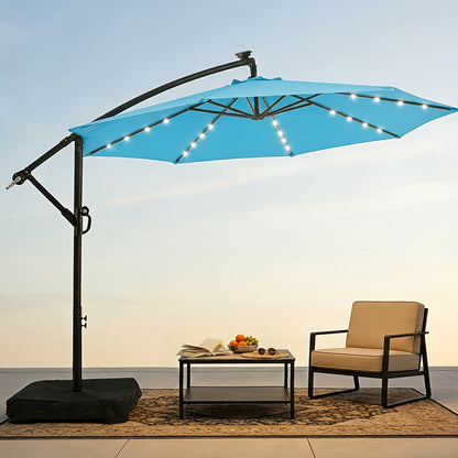 Patio Umbrella 10FT Offset Cantilever Solar LED Style with Tilt, Crank and 16 Base-Choice Color Options