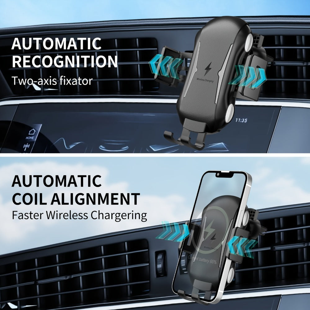 10W Auto-Sensing Car Phone Mount with Wireless Charging Clamp, Vent Clip and Suction-Style Base